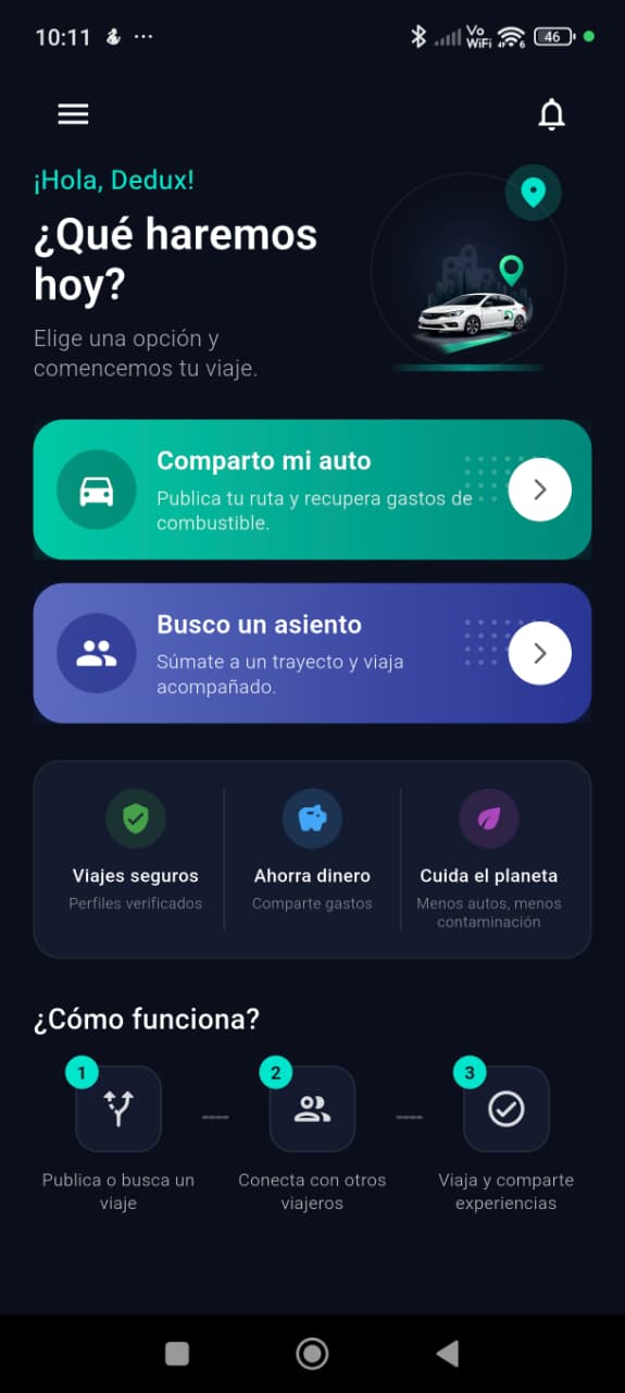 Pantalla de la app DEDUX para elegir modo Anfitrión o Acompañante en carpooling Chile